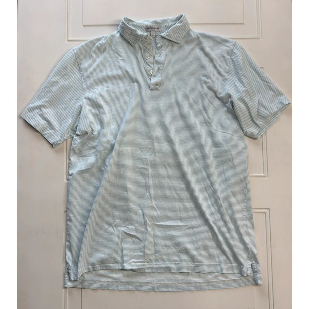 Peter Millar Men’s Sz L 100% Pima Cotton Light Blue Striped Polo Shirt